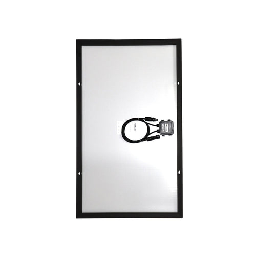 Rear view of Exotronic 100W solar panel showing junction box and MC4 connectors