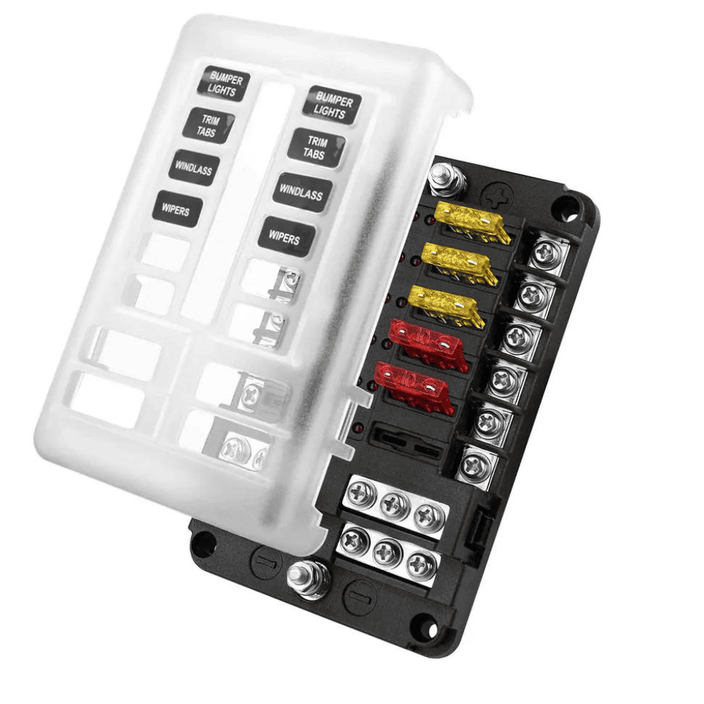 Exotronic 12 blade fuse holder with negative bus bar and cover, caravan RV and trailer parts and accessories