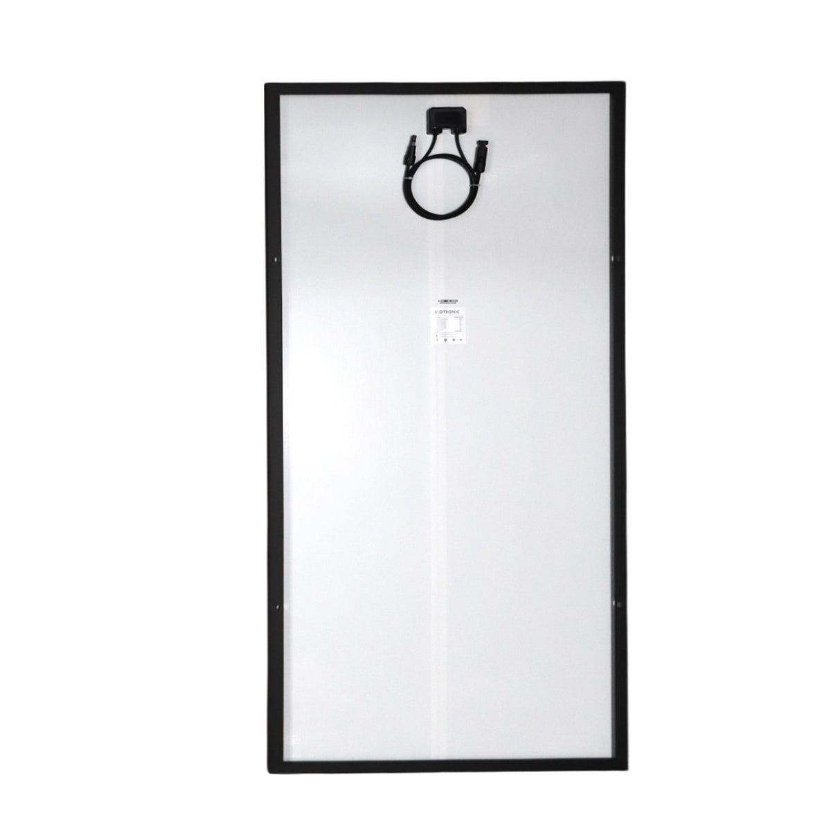 Rear view of Exotronic 220W solar panel showing junction box and cables