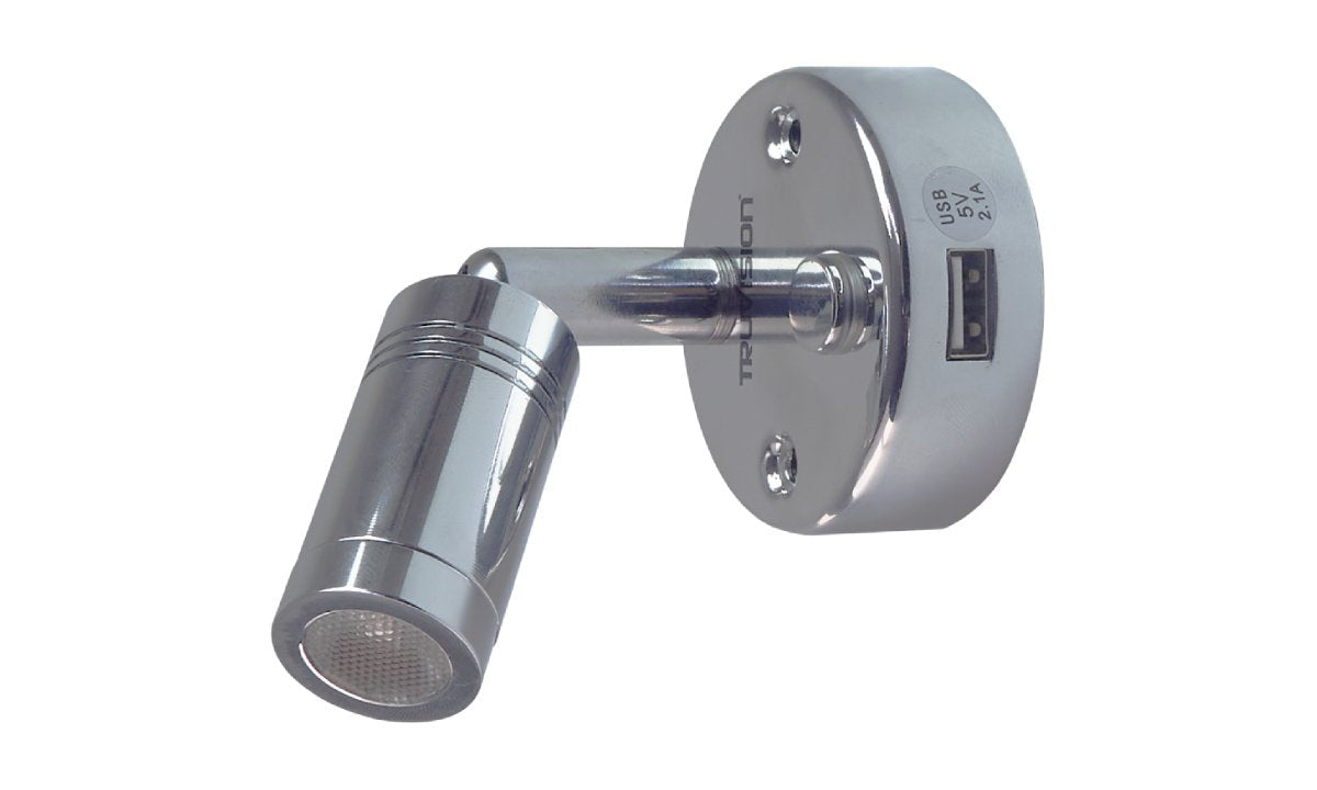 Chrome LED reading light with night light mode and USB charging port