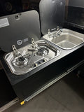 Slide-out kitchen installed on RV, caravan and trailer accessory for outdoor cooking, extended view