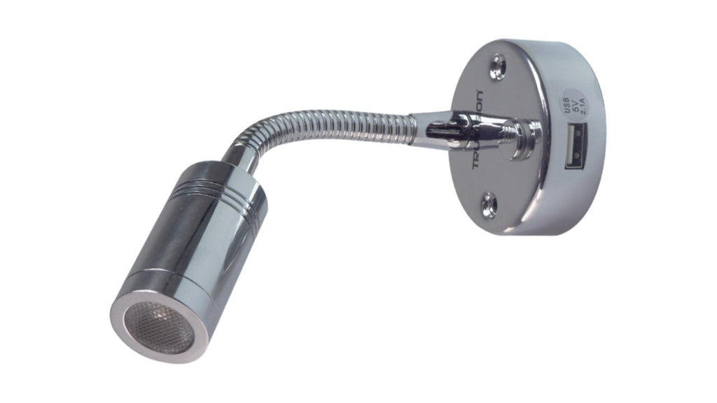 Chrome gooseneck LED reading light with night light mode and USB charging port