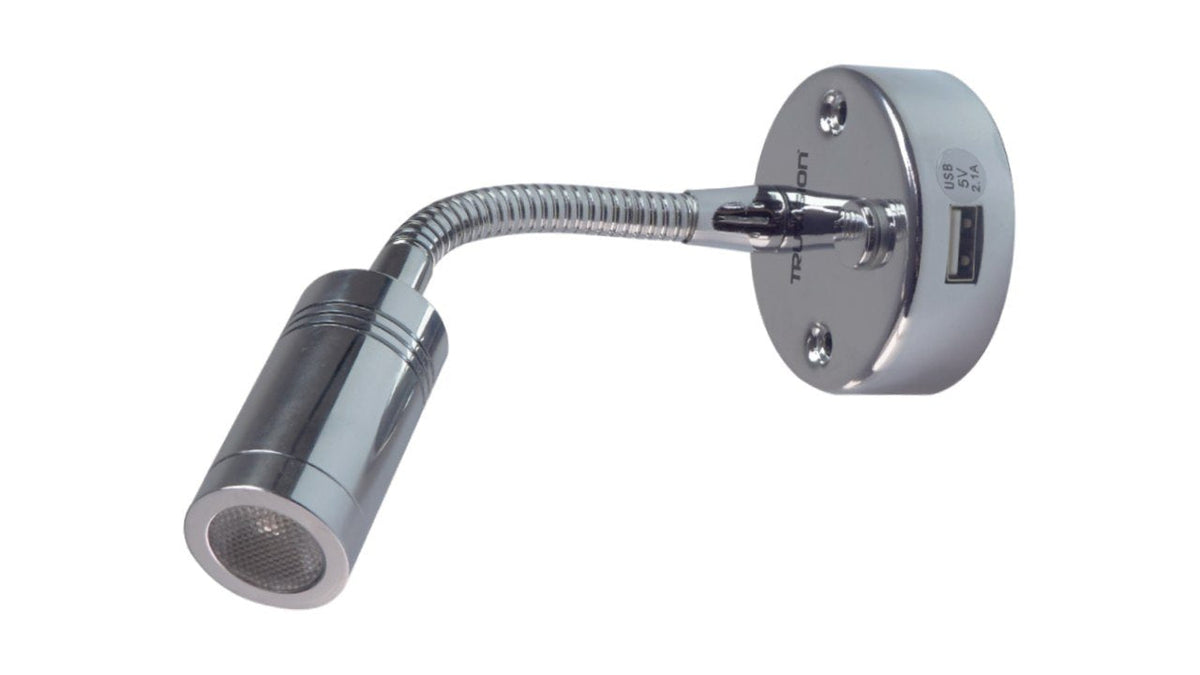 Chrome gooseneck LED reading light with night light mode and USB charging port