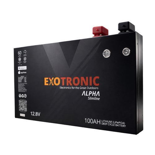 Exotronic 12V 100Ah Alpha Slimline lithium battery, caravan, RV, camper trailer, camper parts and accessories