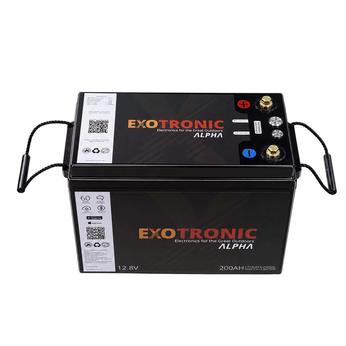 High-angle view of 200Ah battery showing rope handles and top-mounted terminals