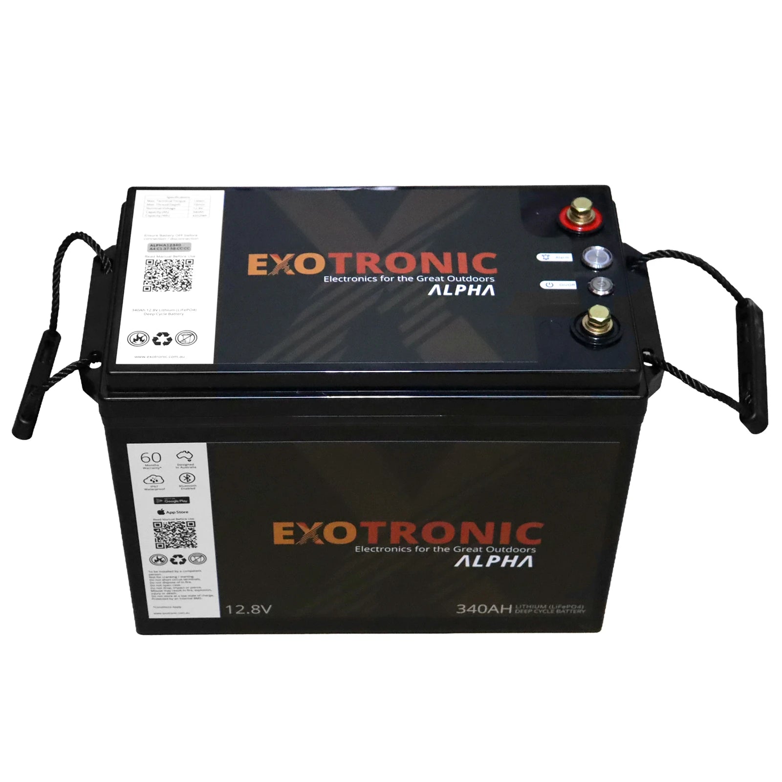 Angled top view of Exotronic 340Ah lithium battery showing terminals and control buttons
