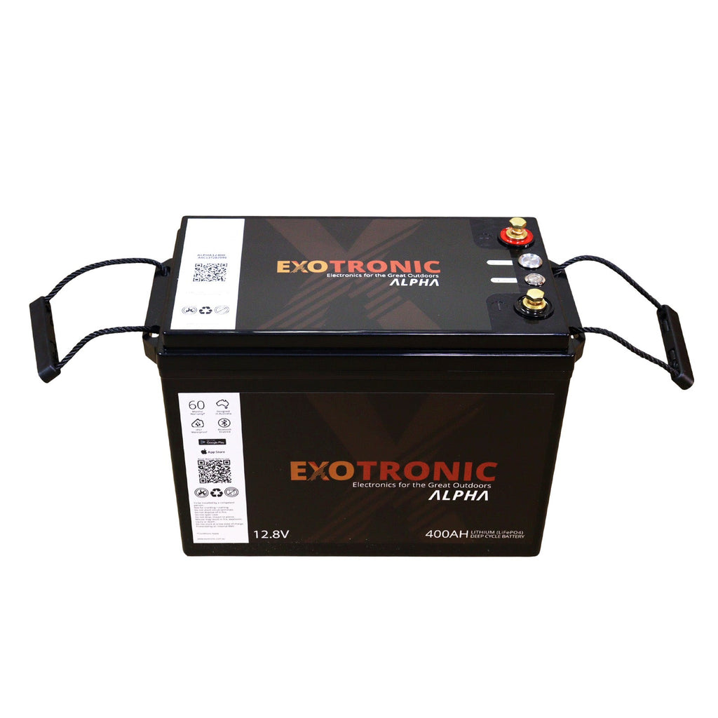 Exotronic 400Ah deep cycle lithium battery front view for camper trailer and RV installation