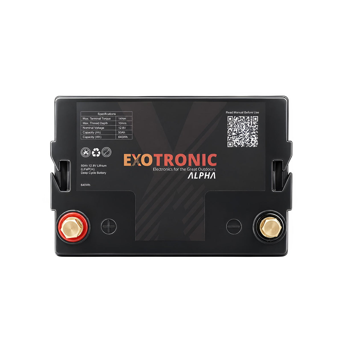 Top-down view of 50Ah lithium battery showing terminals and technical label