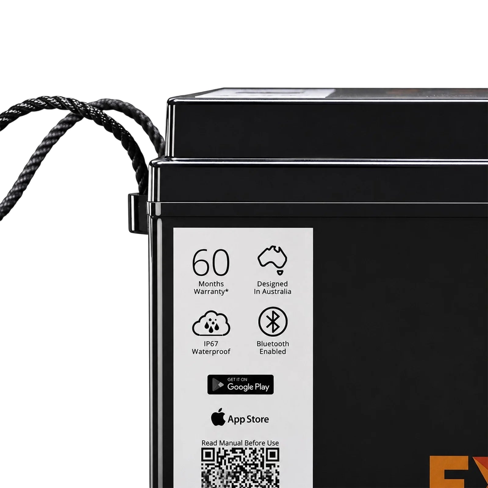 Exotronic 24V 170Ah lithium battery terminal and Bluetooth label detail for caravan and RV installation