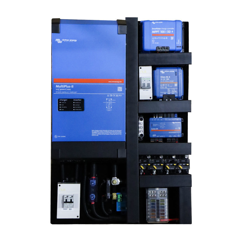 Front view of Karijini pre-wired Victron board with MultiPlus-II inverter, chargers and fuse block