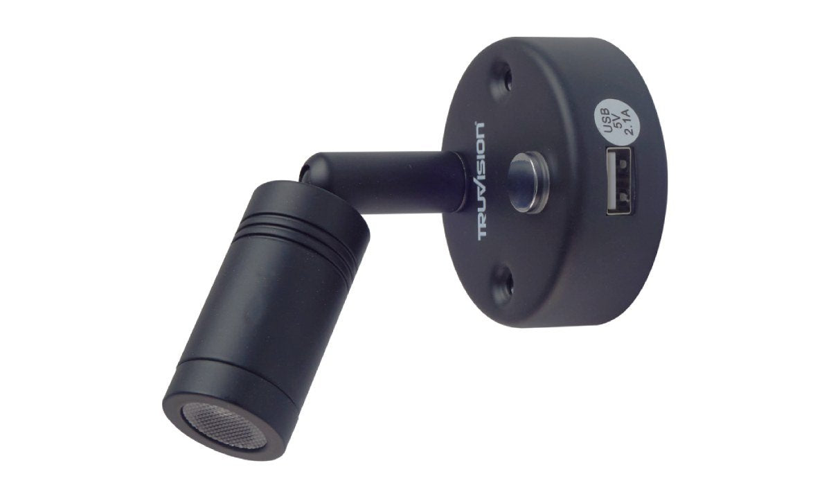 Black LED reading light with night light mode and USB charging port