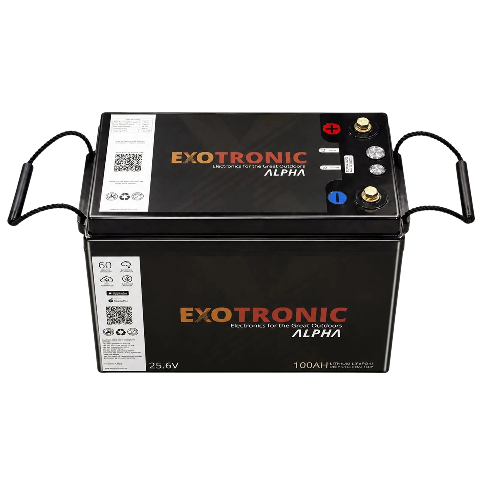 Angled top view of 24V 100Ah lithium battery showing rope handles and M8 terminals
