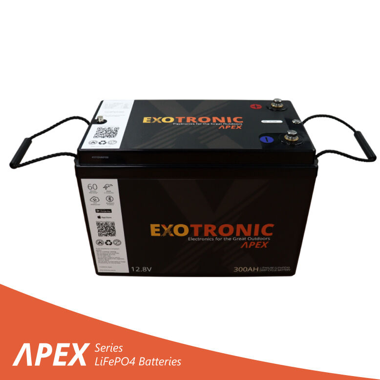 High-angle view of Exotronic 300Ah lithium battery showing rugged case and rope handles
