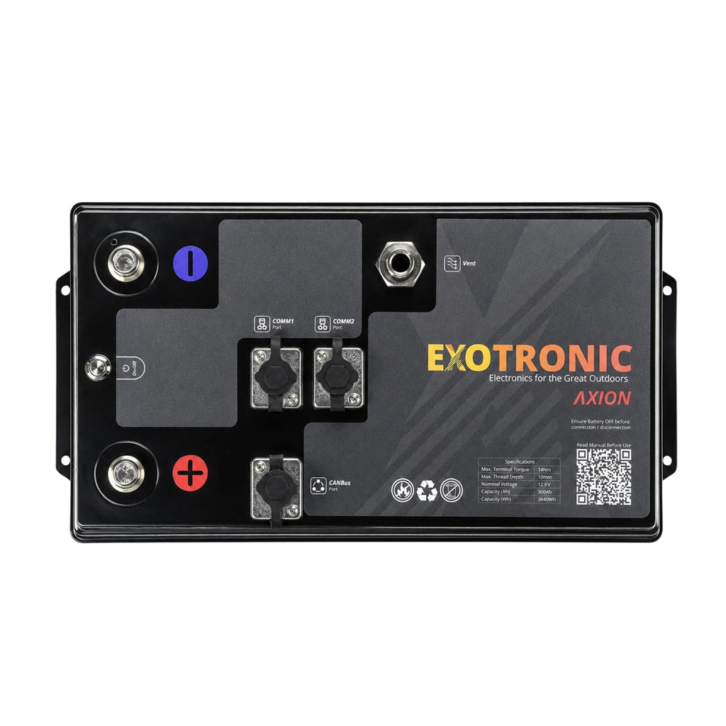 Top view of Exotronic Axion battery showing CANBus and comm ports for caravan and RV installation