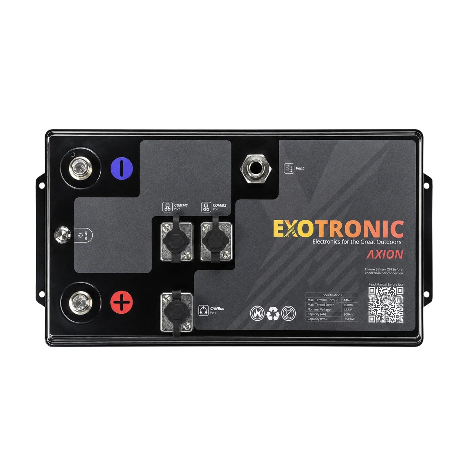 Top view of Exotronic Axion battery showing CANBus and comm ports for caravan and RV installation