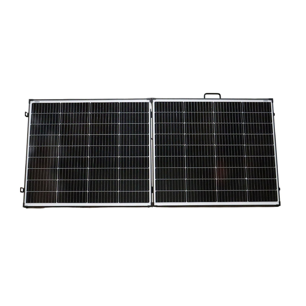 Exotronic 200W folding solar panel fully unfolded showing monocrystalline cell array