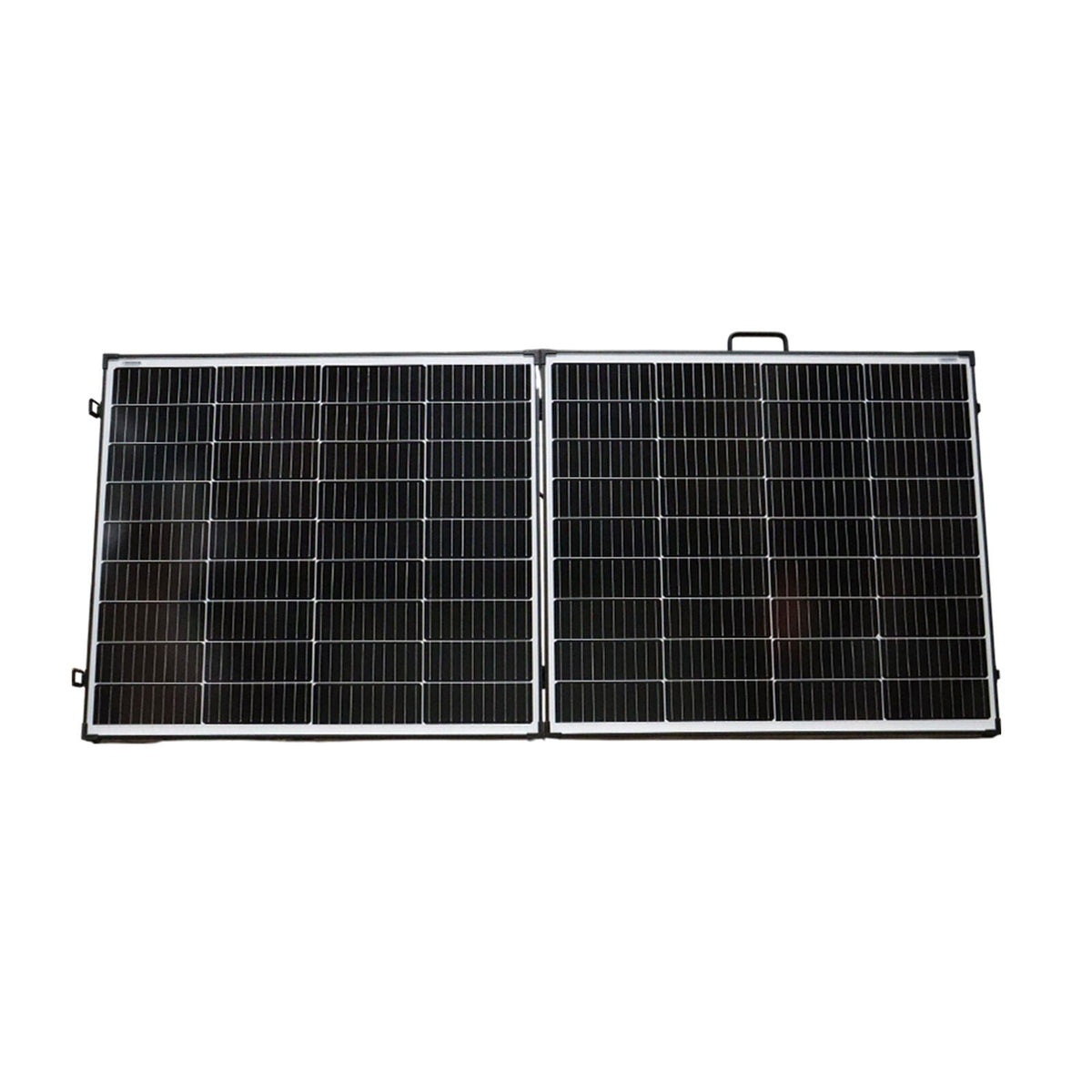 Exotronic 200W folding solar panel fully unfolded showing monocrystalline cell array