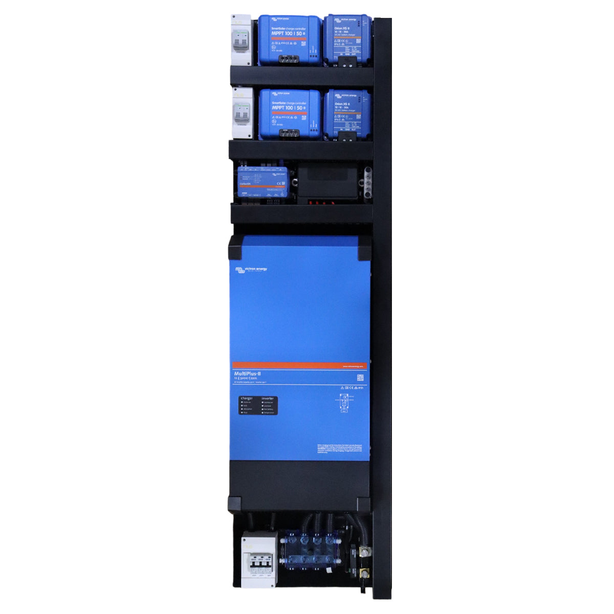 Front view of Yulara pre-wired power board with 5000VA MultiPlus-II inverter and dual solar controllers